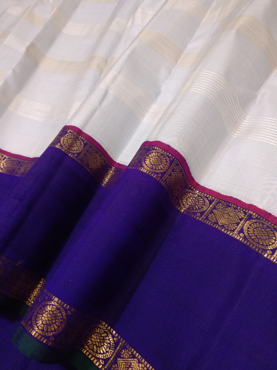Traditional Korvai Borders with Silver zari & Golden zari stripes on Body