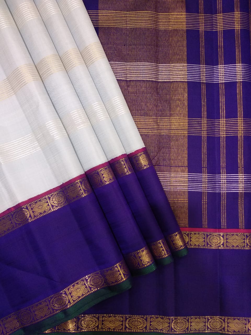 Traditional Korvai Borders with Silver zari & Golden zari stripes on Body
