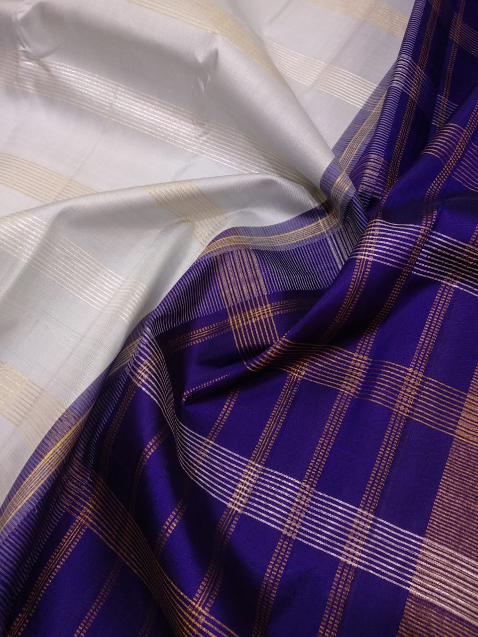 Traditional Korvai Borders with Silver zari & Golden zari stripes on Body