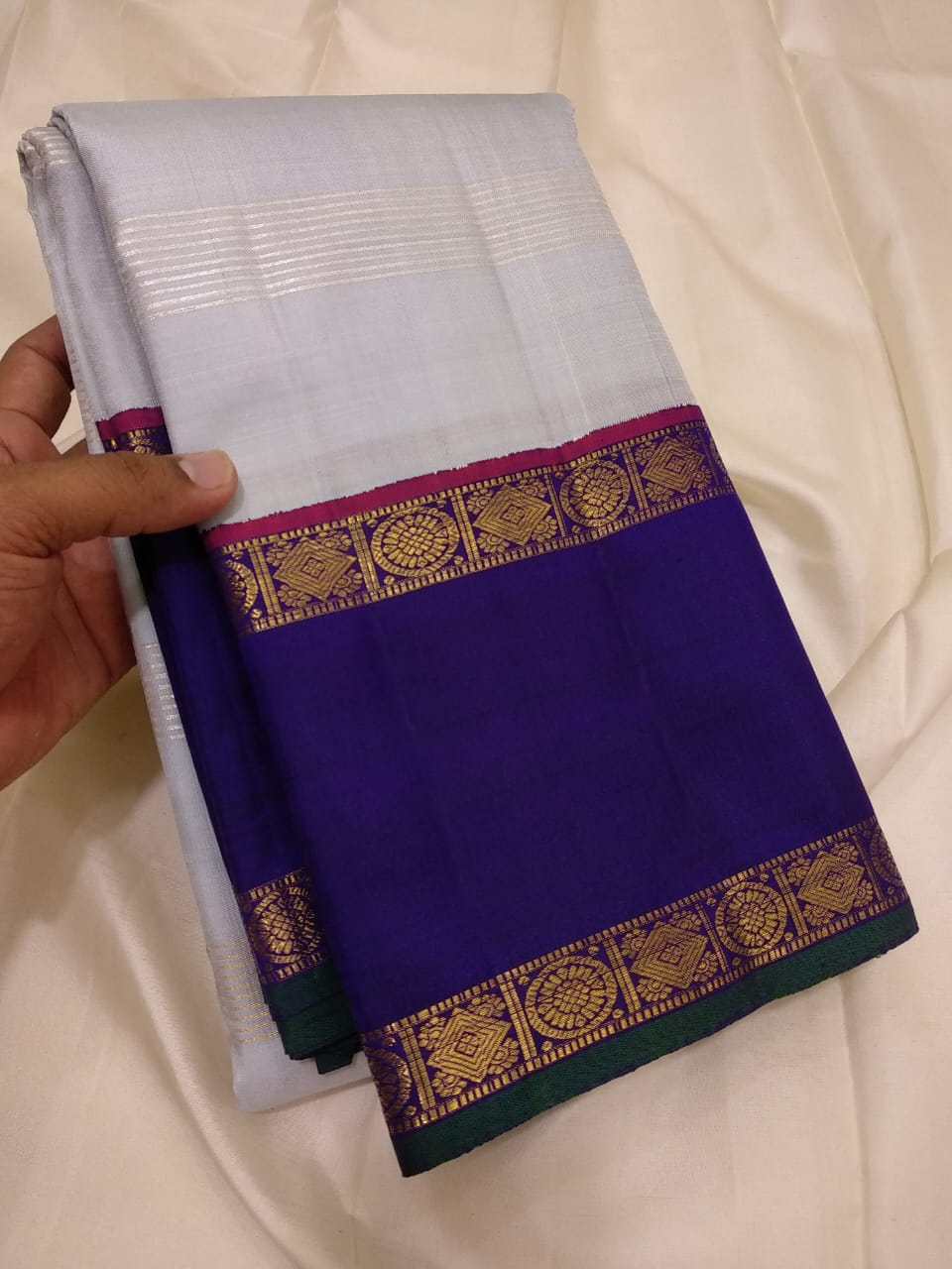Traditional Korvai Borders with Silver zari & Golden zari stripes on Body